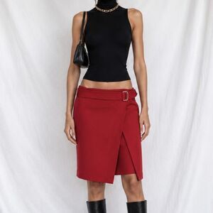 Vintage Y2K Red Buckle Detail Asymmetric Wrap Knee Length Pencil Skirt Size S/M
